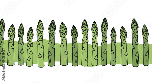 Vertical arrangement of fresh green asparagus spears with a wavy decorative green stripe in a modern and clean flat graphic design style.