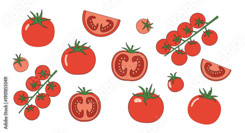 Assortment of fresh red tomatoes featuring whole fruits, sliced halves, wedges, and cherry tomatoes on the vine in a clean graphic design.