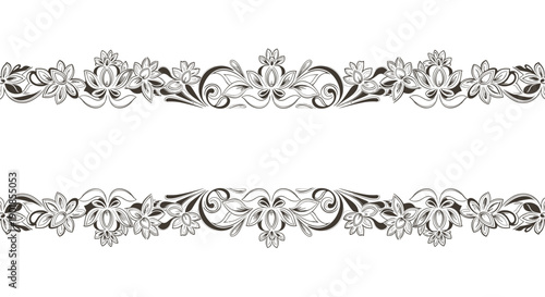 Elegant floral borders in a horizontal layout featuring delicate flowers and ornate swirling vine patterns in a monochrome aesthetic over white.