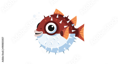 Adorable cartoon pufferfish with a brown spotted body, white spiked underside, and large friendly eyes swimming on a white background.