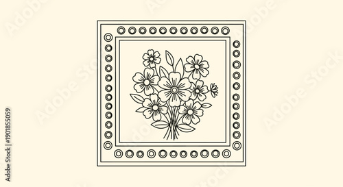 Delicate black and white line art illustration of a flower bouquet enclosed in a square decorative frame with a circular dot pattern border.