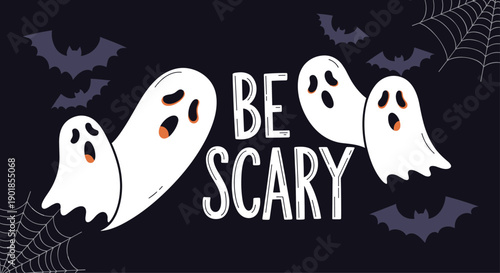 Spooky halloween illustration featuring four white ghosts with scary faces and several bats flying around be scary text on a dark background.