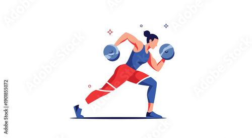 Active woman in red and blue athletic gear performing lunges with heavy dumbbells during a fitness workout session in a flat vector style.
