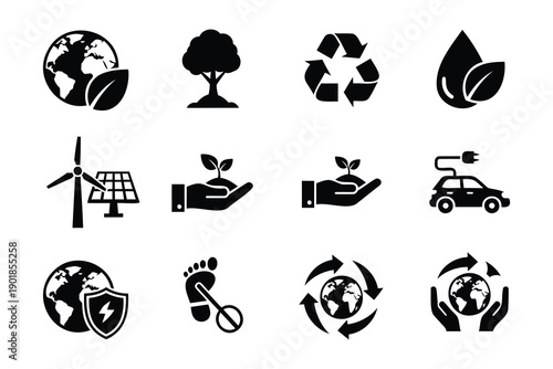 Modern ecofriendly and sustainability icons set featuring renewable energy and environmental protection symbols