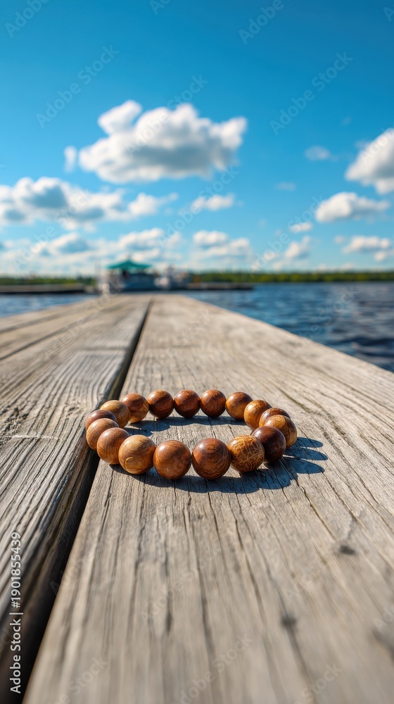 Fototapeta premium Vibrant photo of Handmade wooden bead bracelet resting on a rustic wooden pier with a scenic lake and blue sky background