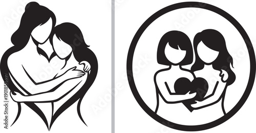 Two vector graphics of female friendship. The left features a stylized silhouette of two women embracing, forming a heart; the right shows a circular icon of two friends holding a heart together.