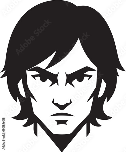 A stylized black and white illustration of a young man with a serious expression