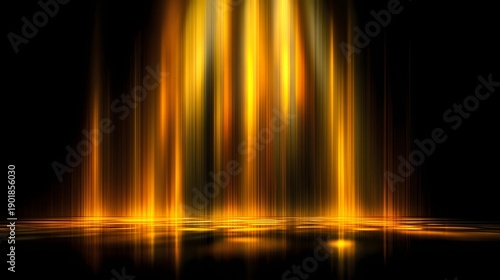 Abstract Golden Light Beams Cascading Downwards on Black Background.