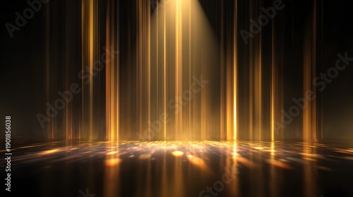 Abstract golden light beams illuminating a dark stage with reflections and shadows.