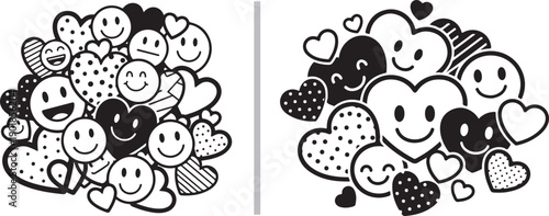 Two charming vector clusters of hand-drawn doodles. Featuring an array of cheerful smiley faces and patterned hearts in various sizes, rendered in a clean, playful black and white style.