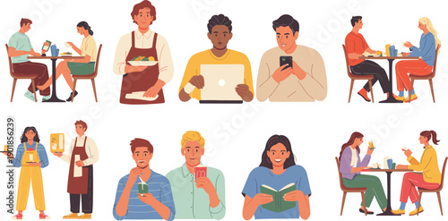 People eating drinking working with laptop smartphone isolated white background flat vector illustration set