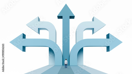 Man looking at multiple arrows branching out in different directions representing market expansion and diverse career opportunities, 3d render