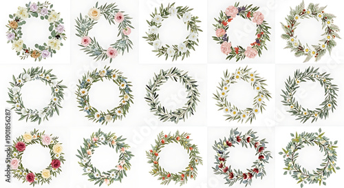 Collection of 12 floral wreaths with greenery and flowers in various colors on white background for decoration and design