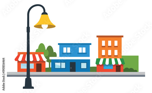 Flat design neighborhood street set featuring buildings, a lamppost, and trees for urban life concepts