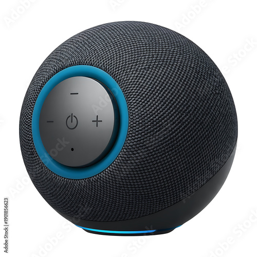 A detailed studio shot of a fourth generation amazon echo dot showcasing its fabric texture on transparent background