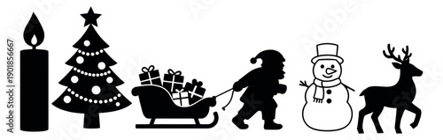 Graphic christmas elements set featuring a candle, christmas tree, santa claus, sleigh with gifts, snowman, and reindeer for winter holidays