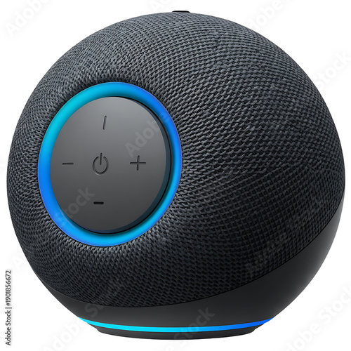 A detailed studio shot of an amazon echo dot 4th generation smart speaker on transparent background