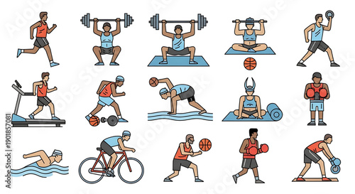 Various people engaging in different sports and fitness activities with exercise equipment