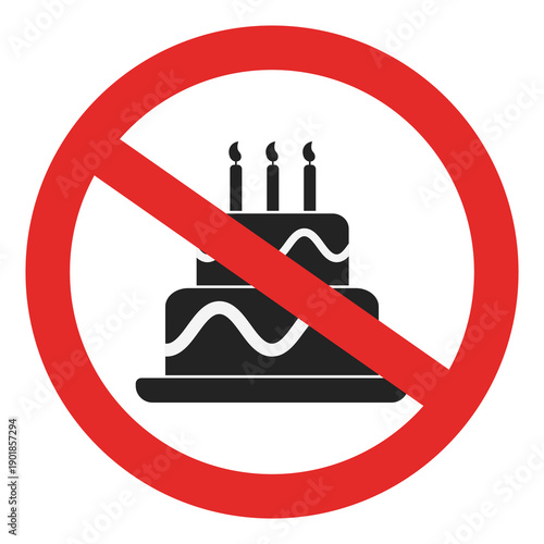 Isolated illustration silhouette of a birthday cake banned. A sign prohibiting birthday celebrations in this place.