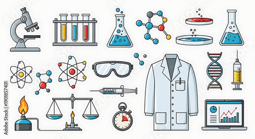 Science and laboratory equipment icons including microscope beakers test tubes lab coat dna atoms and more on white background
