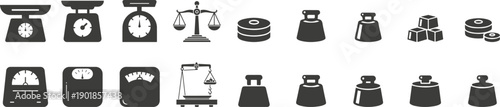 Scale weight icon bundle set with kilograms, mass symbols, and weight tool illustrations. Kilograms, Mass sign and symbol.