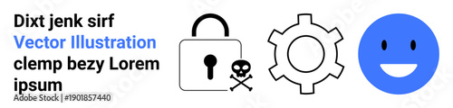 Lock with keyhole and skull, gear, and blue happy face highlight cybersecurity, system functionality, risk assessment, user experience, identity, secure access and technology themes. Ideal