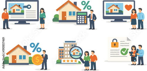 Real estate mortgage concept set home loan investment property insurance flat vector illustration