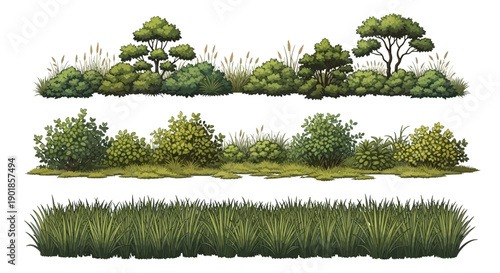 A collection of lush green bushes, trees, and grasses, presented in three distinct horizontal layers, showcasing a variety of natural vegetation.