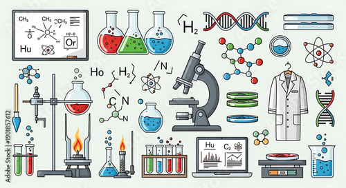 Science laboratory equipment and symbols including microscope beakers dna and lab coat for biology chemistry and research concepts