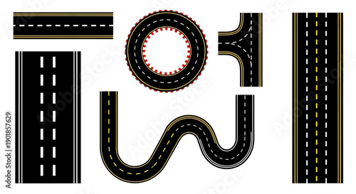A collection of various road segments and intersections, including straight roads, curves, a roundabout, and a T-junction, all rendered in a flat, vector illustration style.