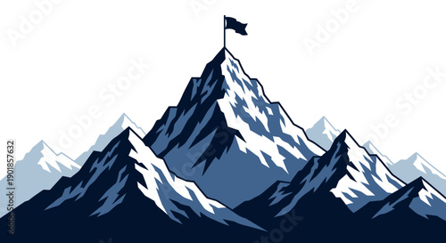 A dark blue flag stands proudly atop a snow-capped mountain peak.