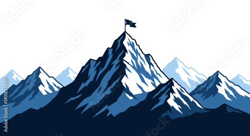 A majestic mountain peak stands tall against a clear sky, crowned with a flag symbolizing achievement and success.