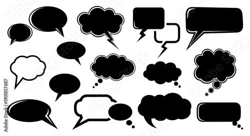 A collection of various black and white speech bubble and thought bubble graphic elements.