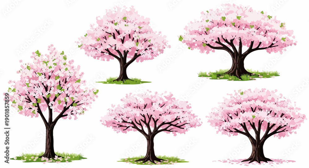 Obraz premium A collection of five stylized illustrations of cherry blossom trees in full bloom, showcasing their delicate pink flowers and lush green leaves against a white background.
