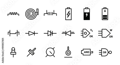 Collection of electronic circuit symbols including resistors, batteries, diodes, and logic gates.