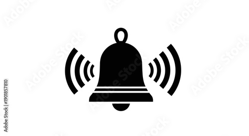 A black silhouette of a ringing bell with sound waves emanating from its sides.