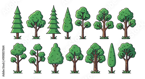 A collection of 16 pixel art trees in various shapes and sizes, suitable for game development or digital art projects.