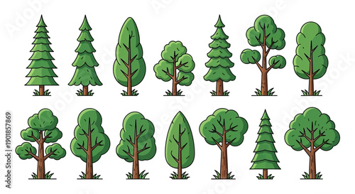 A collection of stylized cartoon trees in various shapes and sizes, presented in two rows against a white background.
