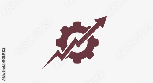 A maroon gear with an upward trending arrow superimposed on it, symbolizing growth and progress.
