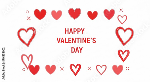 Happy valentine's day greeting card with red hearts on white background for love and romance