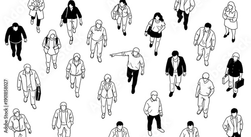 Top-down view of a diverse group of people in a crowd, rendered in a minimalist black and white line art style.