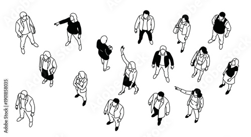 A collection of diverse people viewed from directly above, showcasing various poses and clothing styles.