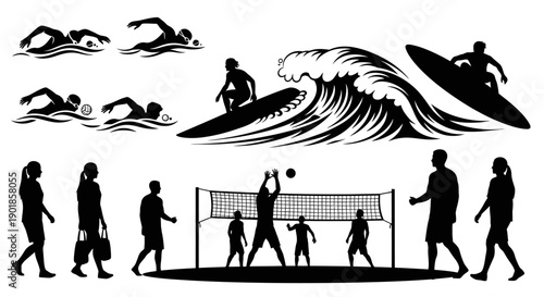 Silhouettes of people engaged in various outdoor recreational activities including swimming, surfing, and playing volleyball.