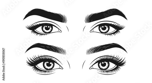 Two pairs of stylized eyes with dramatic makeup and bold eyebrows, one pair with subtle lashes and the other with voluminous lashes.