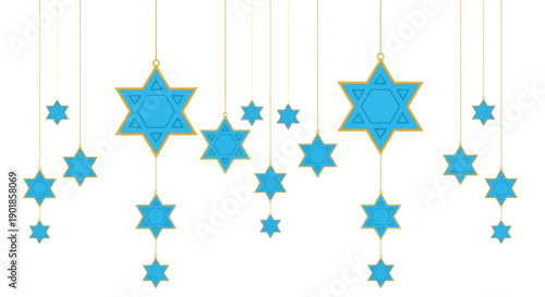 A festive arrangement of blue Star of David ornaments hanging against a white background.