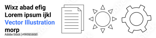 Stack of papers, abstract sun, and gear outline emphasize concepts thumbs up productivity, energy, innovation, and processes. Ideal for business, workflow, energy management optimization startup