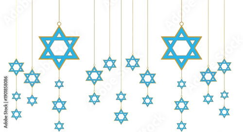 A festive arrangement of blue Star of David ornaments hanging on golden strings against a white background.