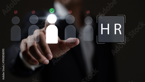 Human resources manager selecting candidate from digital HR interface, representing recruitment, hiring process, employee management and human resources strategy. HR. human resources, recruitment,