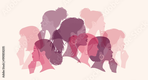 A collage of diverse women's profiles in shades of pink and purple, symbolizing unity and strength.