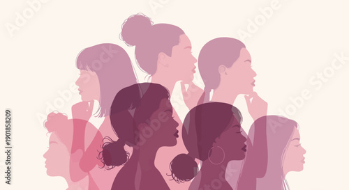Diverse group of women depicted in profile, showcasing a spectrum of skin tones and hairstyles, symbolizing unity and strength.